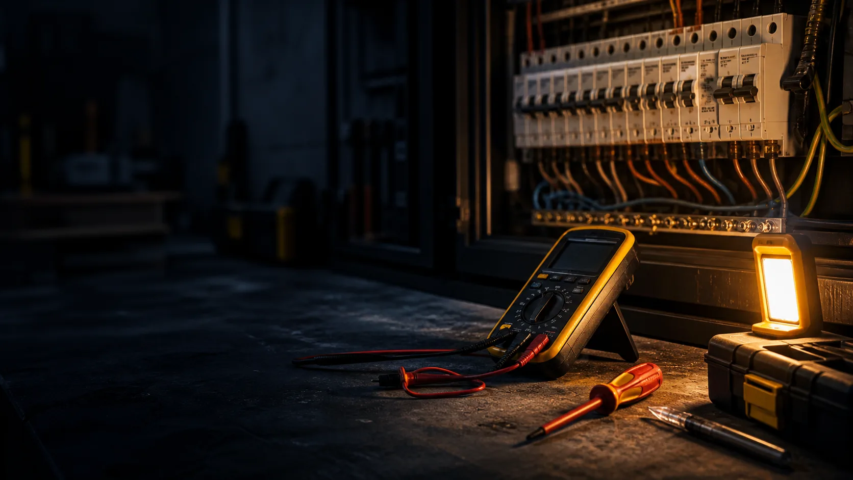 Modern consumer unit, electrical test meter and work light