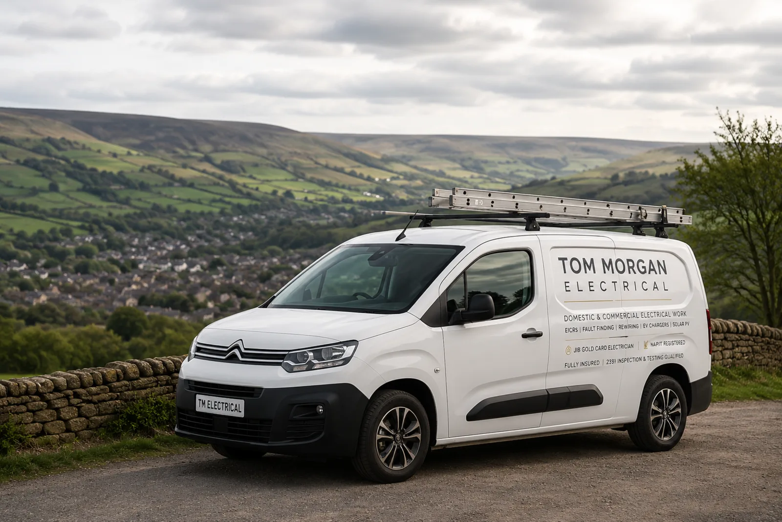 Tom Morgan Electrical van overlooking the Yorkshire hills