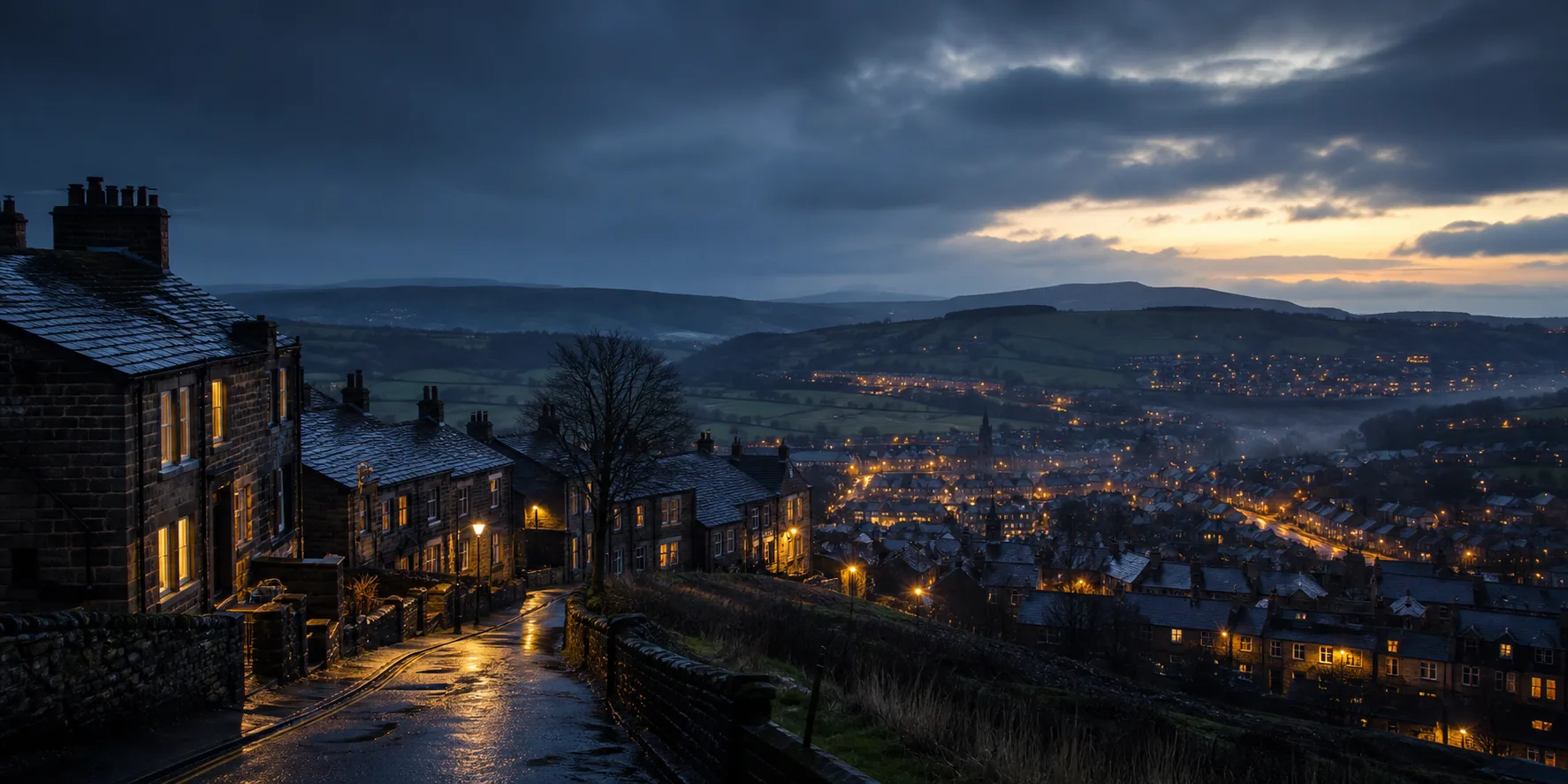 Yorkshire town and surrounding hills at dusk